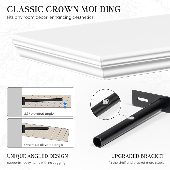 Fun Memories Floating Shelves 48 Inch Long, 9.3 Inch Deep Classic Crown Molding Floating Shelves for Wall, Rustic Wooden Shelves for Wall Decor Bathroom, Kitchen, Office, (White, 1Pack)