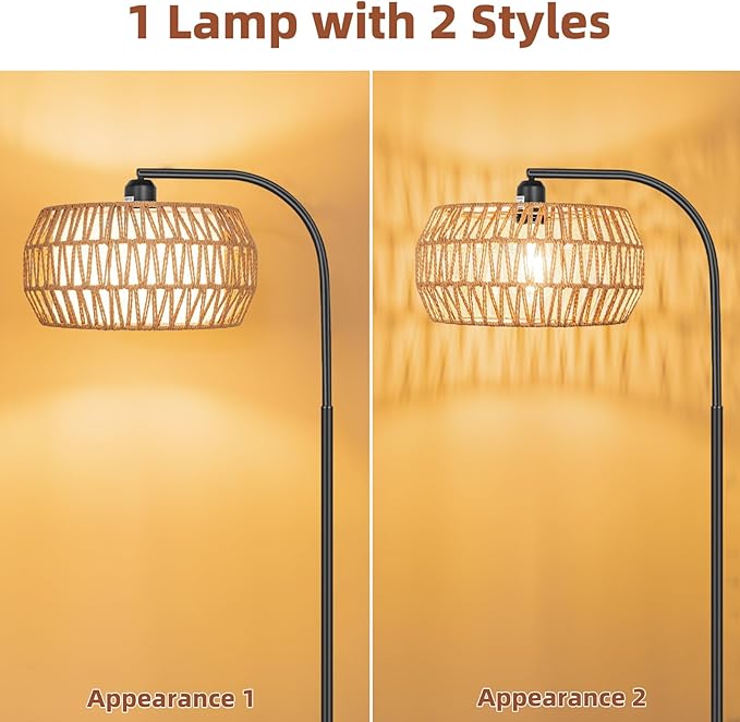 Boho Farmhouse Standing Lamp with Rattan & Linen Shades, Stepless Dimmable Bulb, Black Metal Base for Living Room, Bedroom, Office