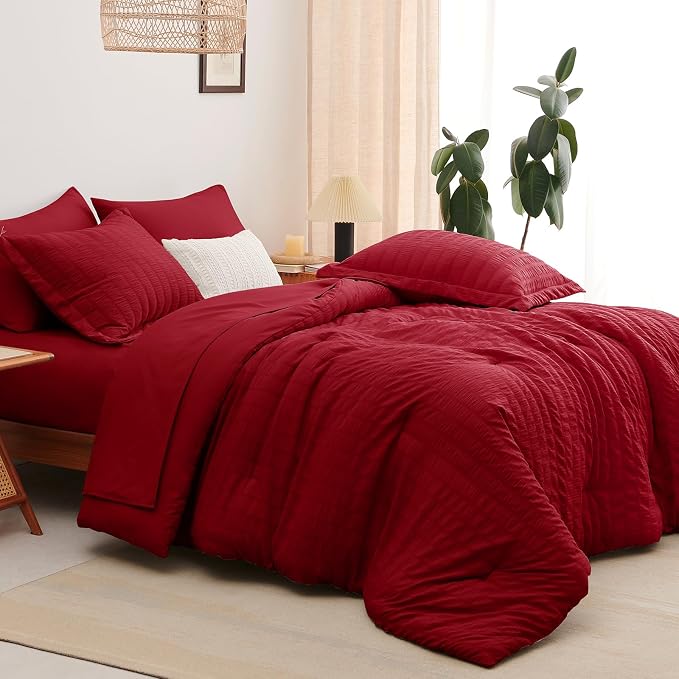 CozyLux Oversized Queen Comforter Set with Sheets, 7 Pieces 98"x98" Dark Red Seersucker Bed in a Bag, Luxury Soft Bedding Sets with Down Alternative Comforter, Sheets, Pillowcases & Shams, Home Gift