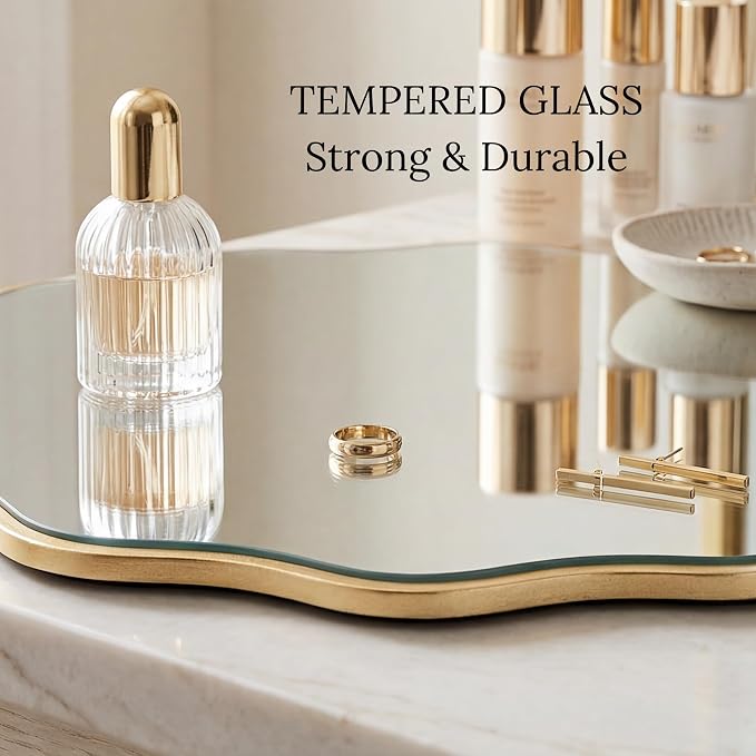 PERFNIQUE Gold Scalloped Mirror, 30'' Round Wall Mirrors Wavy Wood Framed with Tempered Glass for Bathroom Nursery Bedroom Living Room Entryway, Decorative Modern Wall Decor