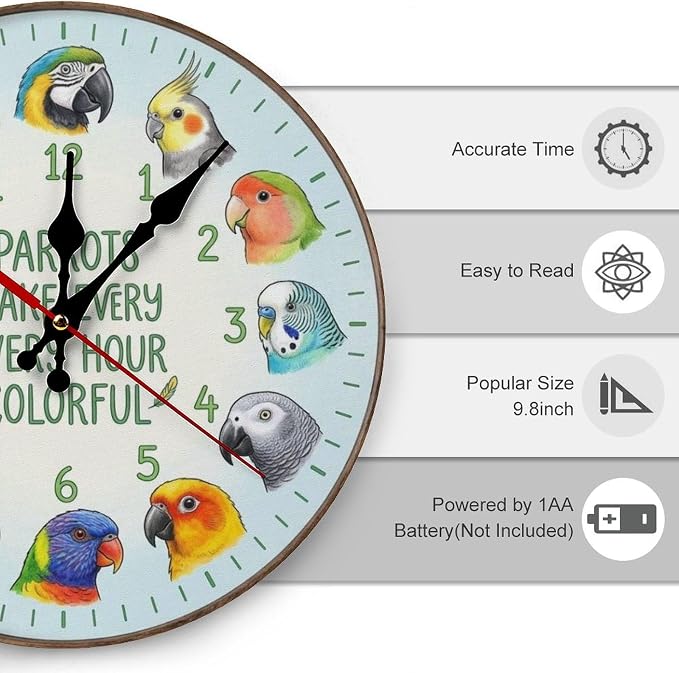Colorful Parrot Wooden Wall Clock Silent Non Ticking for Kitchen Living Room Bedroom Office Home Decor Unique Gift Battery Operated 10/12 Inch