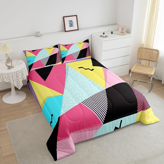 Manfei Memphis Comforter Set Twin Size, Retro 80s 90s Fashion Style Quilt Set with 1 Pillowcase, Colorful Triangle Geometric Bedding Set 2pcs for Kids Boys Girls Lightweight Duvet Insert