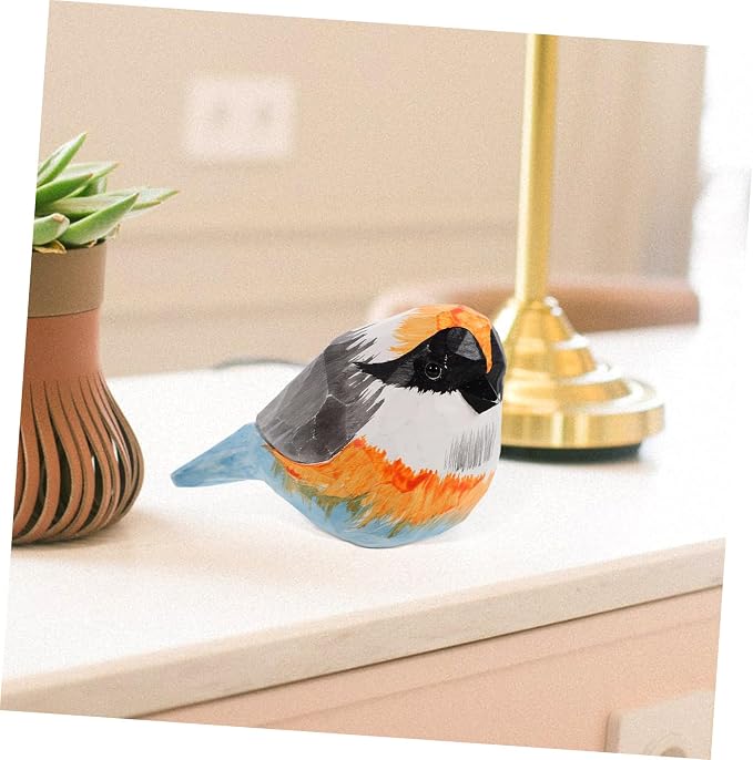 Mobestech Wood Carved Bird Ornament Red-Headed Sparrow Desktop Decor Handmade Wooden Bird Figurine for Home and Office Decoration