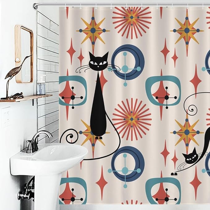 Mid Century Black Cat Shower Curtain,Modern Atomic Retro Abstract Geometric 60s 70s Iconic Decor Fabric Bathroom Curtain with Hook 66x72in（168x183cm）