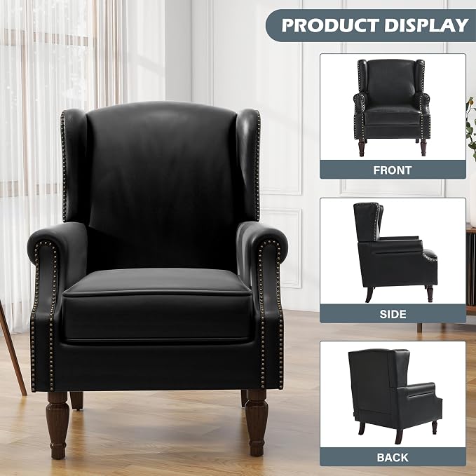 Faux Leather High Back Accent Chairs Set of 2, Upholstered Armchair for Living Room, Retro Wingback Arm Chair Nailhead Trim Single Sofa Bedroom Reading Seat with Solid Wood Legs - Black