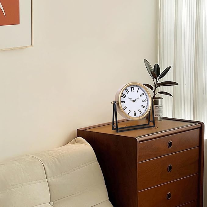 Vintage Gold Table Clock, Silent Non-Ticking Decorative Desk & Mantel Clock, Battery Operated Retro Farmhouse Shelf Decor for Living Room