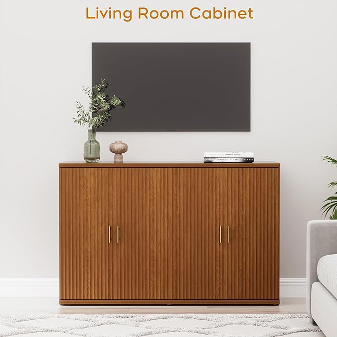 Yechen Walnut Accent Fluted Sideboard Buffet Cabinet with Storage and 4 Doors, Mordern Credenza Storage Cabinet with Adjustable Shelves, Media Console Table, for Living Room Dinning Entryway Kitchen