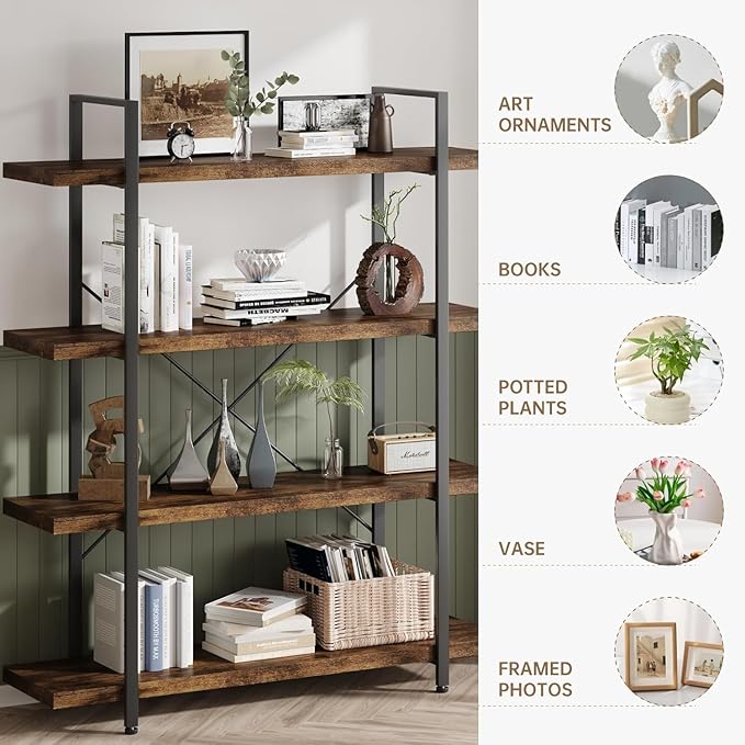 Bookshelf Set, Heavy Duty 4-Tier Industrial Bookcase, 47" Wide Wood Bookshelf for Home Office, 120lbs Shelf Capacity, Rustic Open Display with Horizontal Shelf for Living Room Bedroom