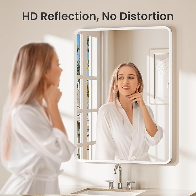 24x32 inch White Bathroom Mirror, White Metal Framed Rounded Rectangle Wall Mount Vanity Mirror, HD Tempered Glass, Aluminum Frame, Horizontal or Vertical Hanging, Modern Home Decor