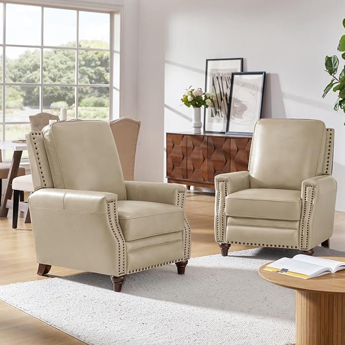 HULALA HOME Genuine Leather Recliner Chair, Classic Push Back Recliner Armchair with Thick Seat and Backrest, Comfy Adjustable Home Theater Single Recliner w/Nailhead Decor for Living Room (Beige)