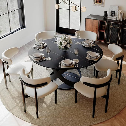 POVISON 60" Round Dining Table for 6, Modern Dining Room Table with Lazy Susan, Matte Black Sintered Stone Dining Tabletop with X-Shape Carbon Steel Base (Table Only)
