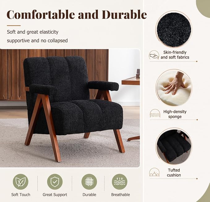 Mid Century Modern Accent Chair with Solid Oak Wood Frame, Upholstered Chenille Lounge Chair with Ergonomic Backrest and Thick Cushion for Living Room Bedroom Balcony, Set of 2, Black