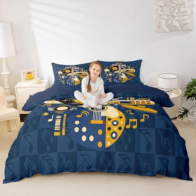 Erosebridal Retro Music Duvet Cover King for Boys Men - Abstract Instruments Guitar Bedding Set Vinyl Record Rock Roll Comforter Cover,Checkered Musical Notes Bed Set