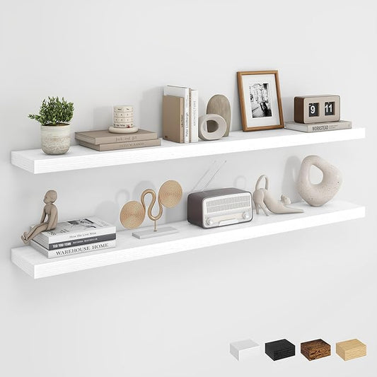 Dreamland 48Inch Floating Shelves for Wall, Rustic Wooden White Floating Shelves for Living Room, Kitchen, Farmhouse, Deep Wall Mounted Book Shelf, Wood Storage Display Shelf for Home Decor, Set of 2