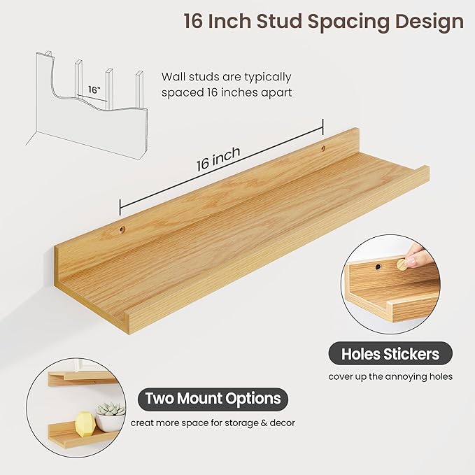 Axeman Picture Ledge Shelf | 24 Inch Oak Floating Shelves Set of 3 | Rustic Wood Wall Shelves with Lip | 24" Oak Picture Shelf for Wall with Ledge | Photo Shelves