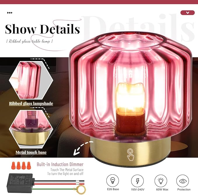 touch Table lamp Gold table lamps Mid Century Modern lamp nightstand lamp small vintage desk lamp metal table lamp with Purple Glass Ribbed shade Bedside table light for end table Bedroom Living Room