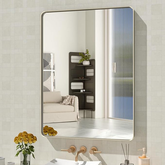 WEER 24X32 Inch Brushed Nickel Bathroom Mirror, Brushed Silver Metal Frame Mirror, Rounded Rectangle Silver Bathroom Vanity Mirror, Tempered Glass, Anti-Rust, Hangs Horizontally or Vertically