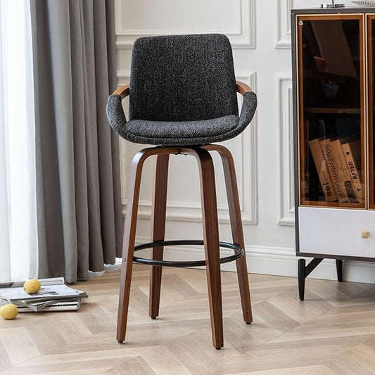 LUNLING 25.6" Counter Height Barstools Mid Century Modern Retro Bar Chairs Charcoal Gray Linen Look Fabric Upholstered and Walnut Wood Frame for Home Bar Furniture(Darkgrey,1PCS)