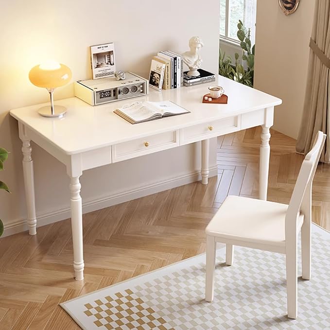 Mid Century Modern Desk, Rubber Wood Desks with Drawers, Solid Wood Computer Workstation with Carved Legs, Simple Style Writing Table (White, 31.5 * 23.6 * 29.5in)