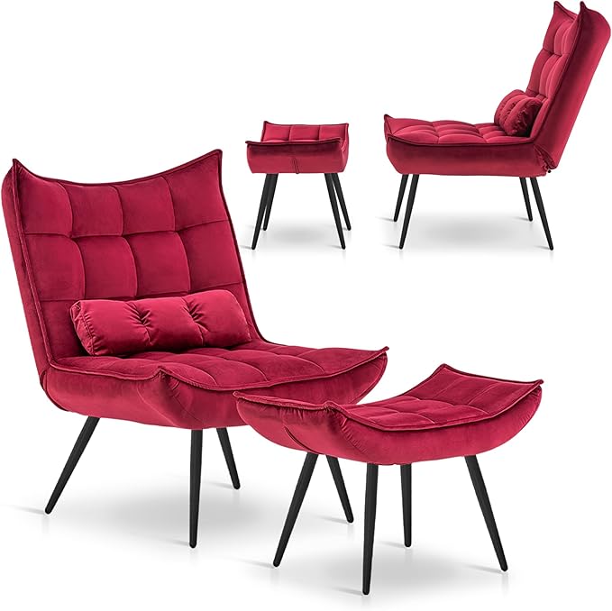 MCombo Accent Chair with Ottoman, Modern Velvet Wingback Lounge Chair, Upholstered Club Chair for Small Space, Living Room & Bedroom 4079 (2, Burgundy)