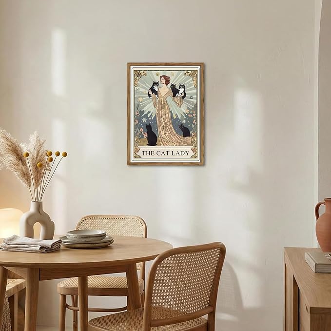 Funny Cat Lady Tarot Card Wall Art Vintage Black Cat Woman Wall Decor Picture, Cute Animal with Girl Poster Painting Canvas Print for Bedroom Living Room 16x24 inch Wood Framed