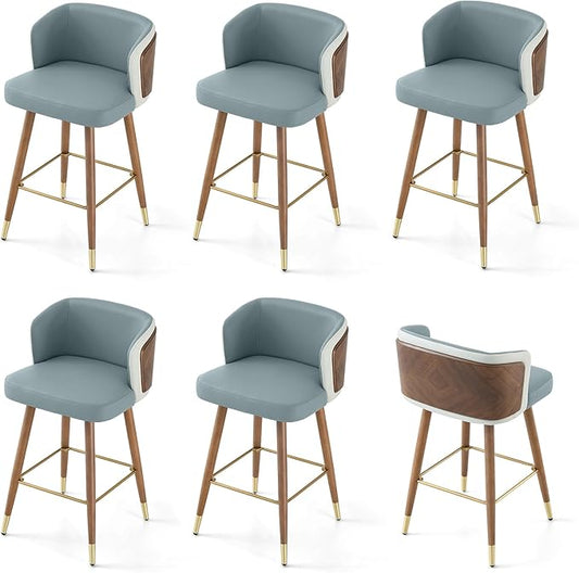 ARTPLAN Mid Century Modern Bar Stools Set of 6 for Counter Height - Leather Upholstered Seat with Walnut Wood Frame, Retro 34 Inch Bar Chairs for Home Kitchen Island, Bar, Breakfast Nook,Steel Gray