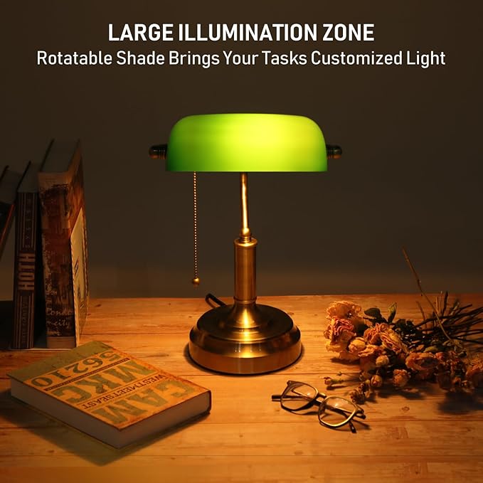 TORCHSTAR Green Glass Bankers Desk Lamp, Antique Desk Lamps with Brass Finish Base, Traditional Library Lamp with Pull Chain, E26 Base, Vintage Desk Lamp for Office, Study Room