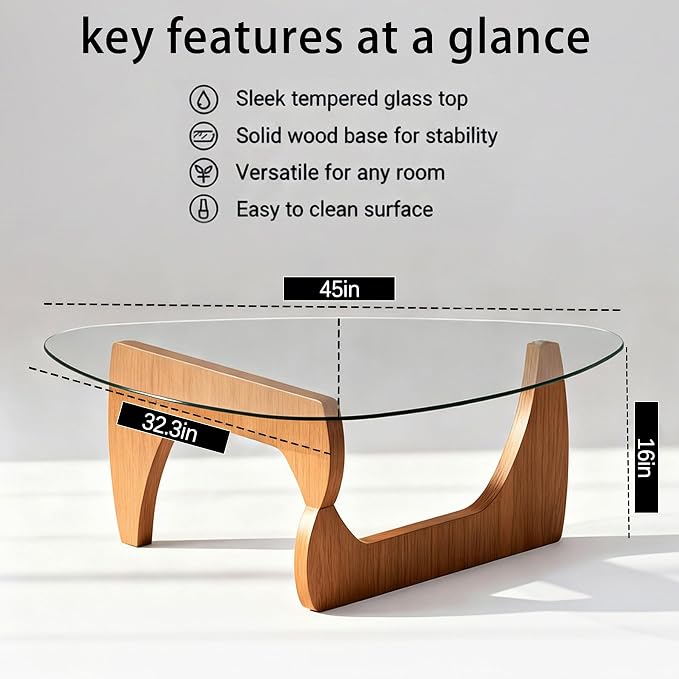 Modern Coffee Table for Living Room, Large Triangular Clear Tempered Glass Center Table with Adjustable Walnut Finish Wood Legs, 45" Mid-Century Abstract Design