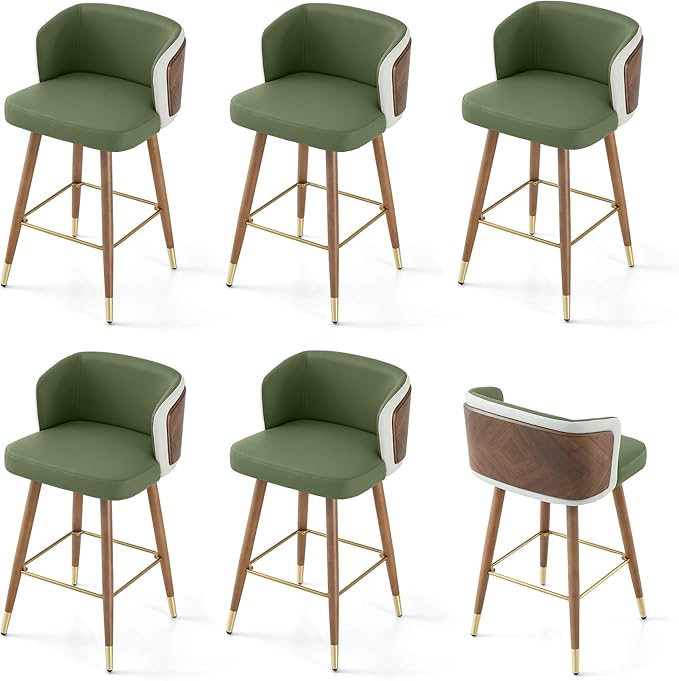 ARTPLAN Mid Century Modern Bar Stools Set of 6 for Counter Height - Leather Upholstered Seat with Walnut Wood Frame, Retro 34 Inch Bar Chairs for Home Kitchen Island, Bar, Breakfast Nook,Avocado