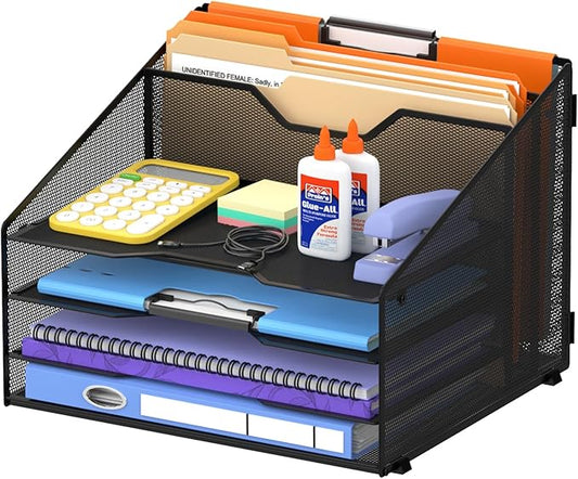 SUPEASY Desk File Organizer with 4 Letter Trays and 2 Vertical Sections, Heavy-Duty Metal Mesh Paper Organizer for Office, Home, Workspace – Black