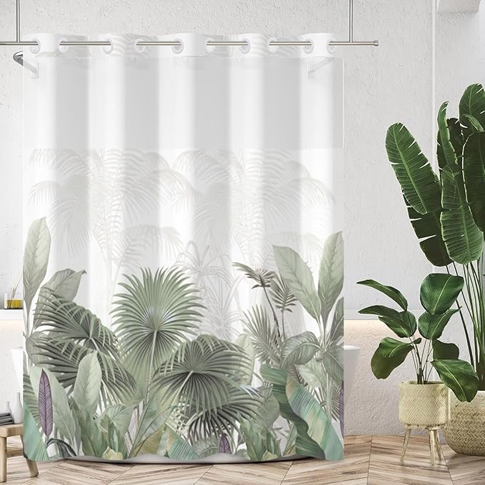 No Hook Shower Curtain with Snap in Liner Green Leaves Tropical Shower Curtains for Bathroom Sets Gradient Textured Bath Curtains with Mesh Top Window Fabric Waterproof Washable 71x74 Inch