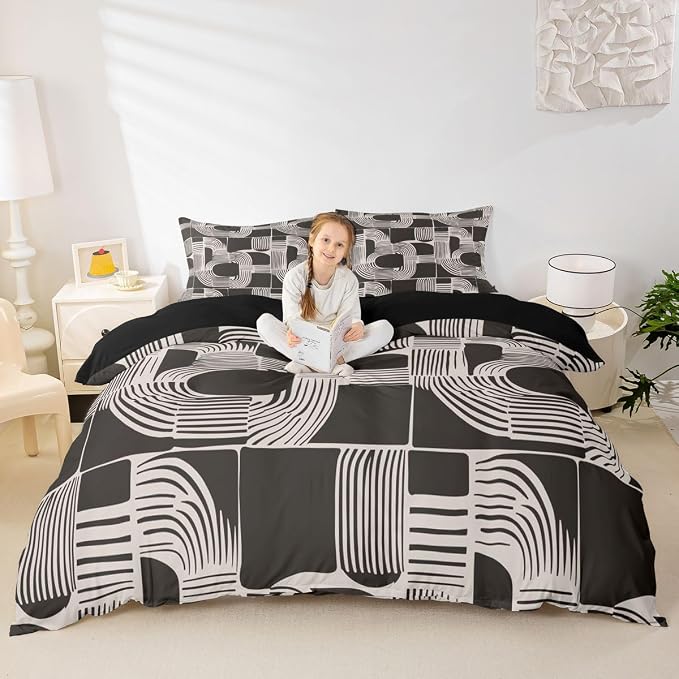Erosebridal Brown and Beige Kids Twin Bedding Set Bohemian Geometric Comforter Cover for Boys Teens Adult Mid Century Abstract Duvet Cover 2-Piece Boho Stripes Minimalist Bed Sets Bedroom Decor