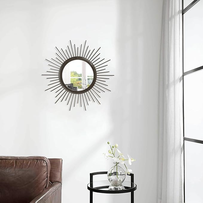 Large Spoked Sunburst Wall Mirror Boho Home Decor Round Wall Art Mirror Modern Metal Mirrors for Wall Living Room Vanity Bathroom Bedroom Hallway Balcony Entryway 16"