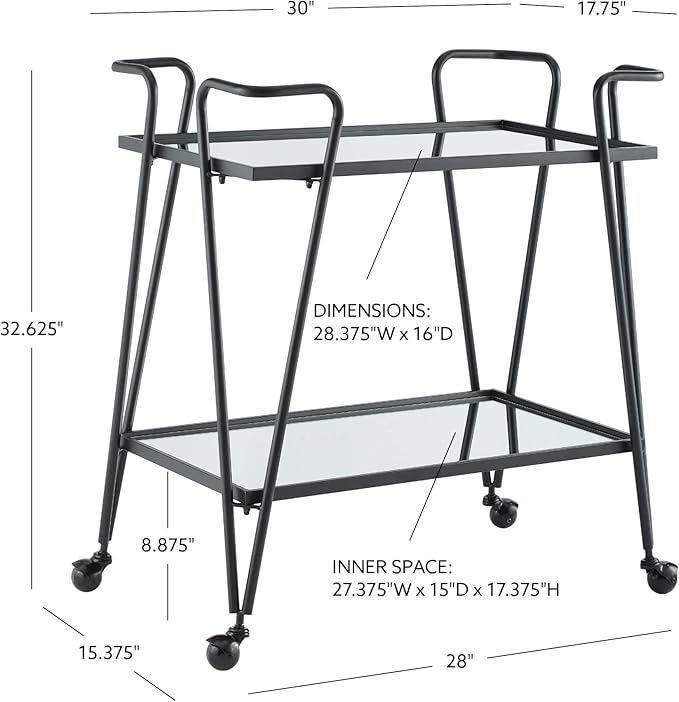 Linon Gina Black Mid Century Bar Cart with Mirrored Shelves
