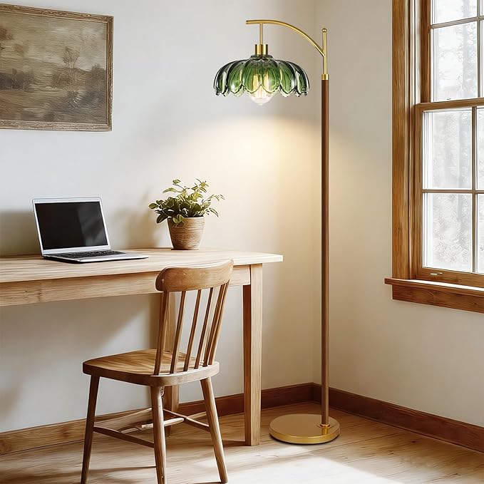 ILLMTW Wood Floor Lamp for Living Room,Bedroom,Glass Mid Century Modern Standing Lamp with Remote Dimmable,Vintage Gold Arc Tall Lamp Green Flower Lamp Shade Floor Lights Boho Bohemian Tiffany Style