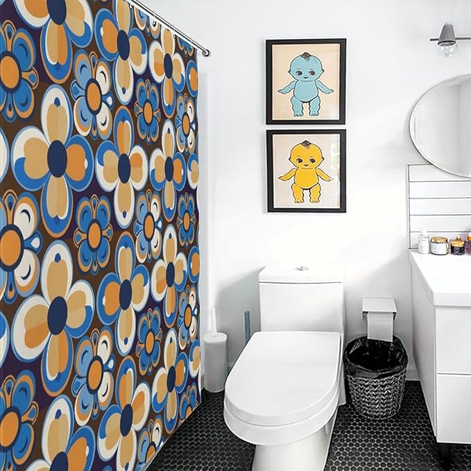 Bohemia Royal Blue Flowers Shower Curtain Mid Century Funky Retro Hippie 60s 70s Aesthetic Washable Waterproof Fabric for Bathroom Decor Bathtub with 12 Hooks 66x72in（168x183cm）