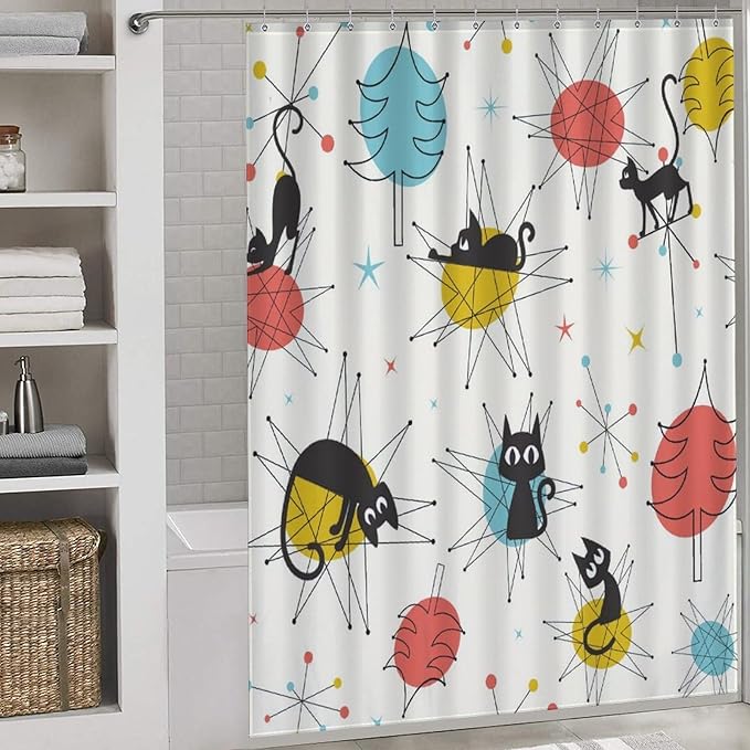 Cats Shower Curtains Black Cat Retro Atomic Christmas Pattern Duty Fabric Shower Curtain Set Bathroom Polyester Waterproof with 12 Hooks, 66x72Inch（168x183cm）