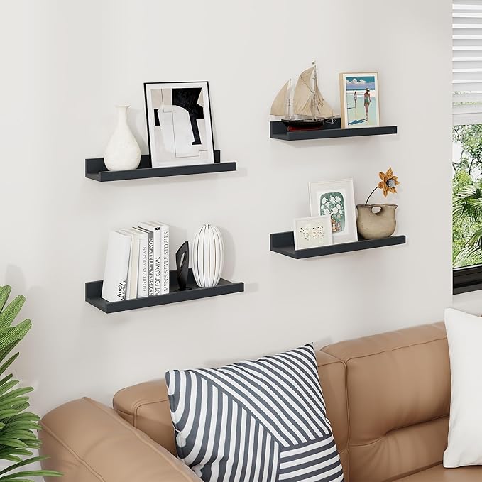 Axeman Picture Ledge Shelf | 16 Inch Black Floating Shelves Set of 4 | Rustic Wood Wall Shelves with Lip | 16" Picture Shelves for Wall with Ledge | Black Photo Shelves