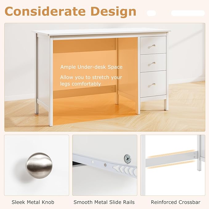 Tangkula White Desk with Drawers, Modern Home Office Computer Desk with Storage Drawers & Spacious Desktop, Compact Writing Study Desk Laptop Desk for Bedroom, Multipurpose Workstation