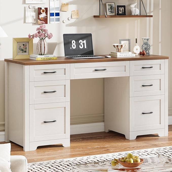 Vabches Farmhouse 61'' Executive Desk with 7 Drawers, Rustic Office Desk Computer Table with File Drawers, Wood Workstation for Home Office and Study,Unique White