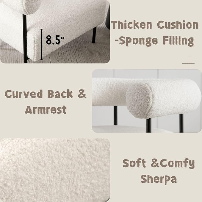 Modern Accent Chairs Set of 2, White Boucle Side Chairs with Curved Back, Sherpa Barrel Vanity ChairsArmchairs with Black Metal Legs & Upholstered for Living Room, Makeup Room