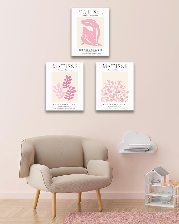 HesenDot Framed Matisse Pink Wall Art Set of 3,Minimalist Wall Decor,12x16IN Canvas Prints,Boho Cute Art Poster Home Decoration for Bathroom Bedroom