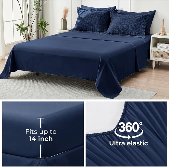 HYMOKEGE Navy Blue Twin XL Comforter Set Seersucker 5 Pieces, All Season Luxury Bed in a Bag for Bedroom, Bedding Set with Comforter, Sheets, Pillowcase & Sham