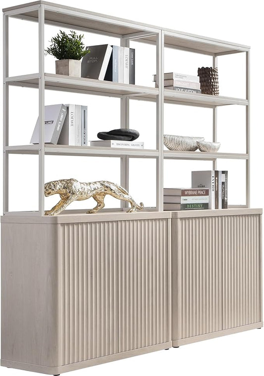 SICOTAS Book Shelf Fluted Bookshelf 71" Tall Bookcase with Doors Storage 5 Tier Mid Century Modern Bookshelves Large Shelves Metal Book Cases for Living Room Office Bedroom Kitchen Library (White)