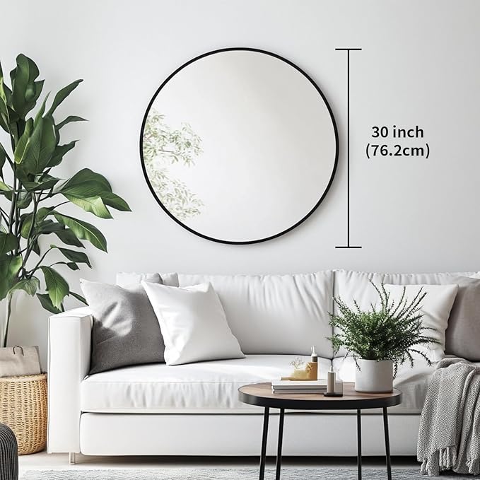 Oruii Round Mirror 30 inch, Large Black Circle Mirror Metal Frame, Large Black Circular Mirrors for Living Room, Dining Room, Entryway, Hallway, Foyer, Bathroom, Wall
