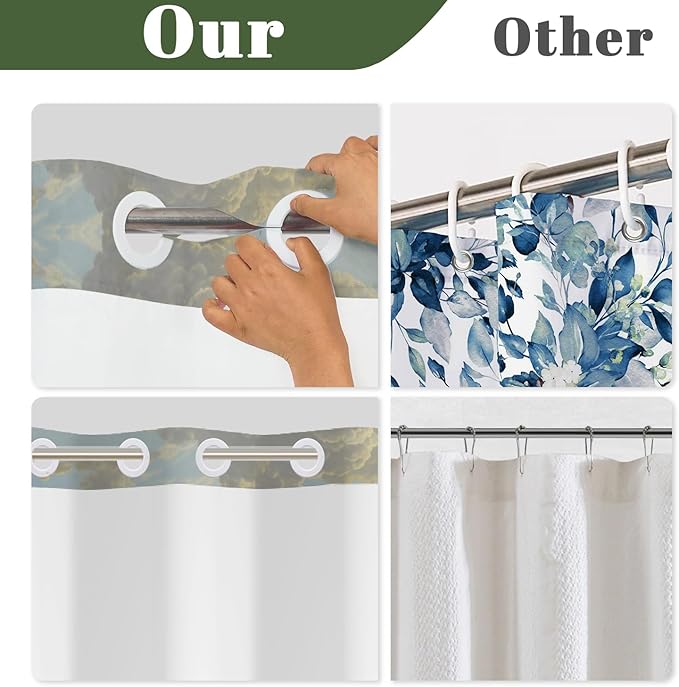 No Hook Shower Curtain with Snap in Liner, Rustic Countryside Landscape Lake Print - Mesh Top Waterproof Bath Tub Curtain Set for Farmhouse Cottage Nature Bathroom Decor, 71W x 74H