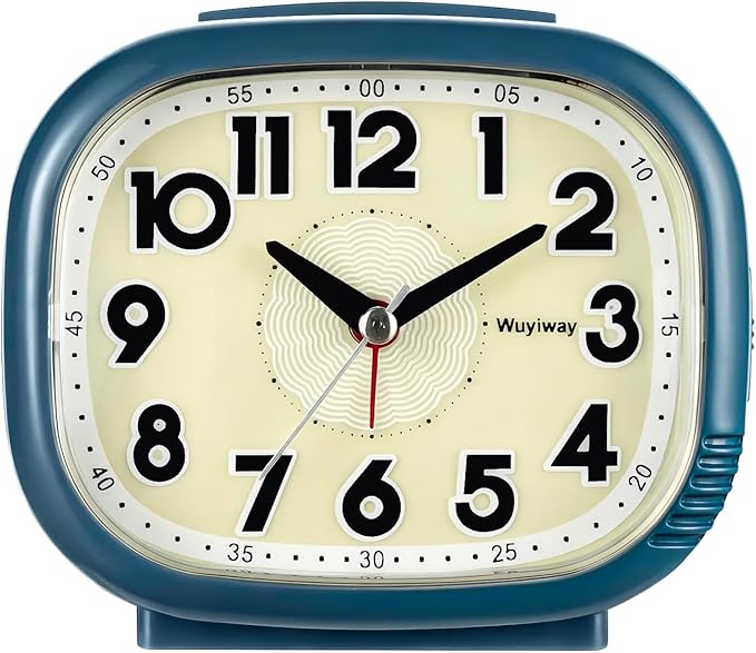 Vintage Retro Analog Alarm Clock, Battery Operated, Readable for Seniors，Silent No Ticking, Glow in Dark Dial, Lighted on Demand and Snooze, Blue, 4.7" x 3.9" x 2.7"