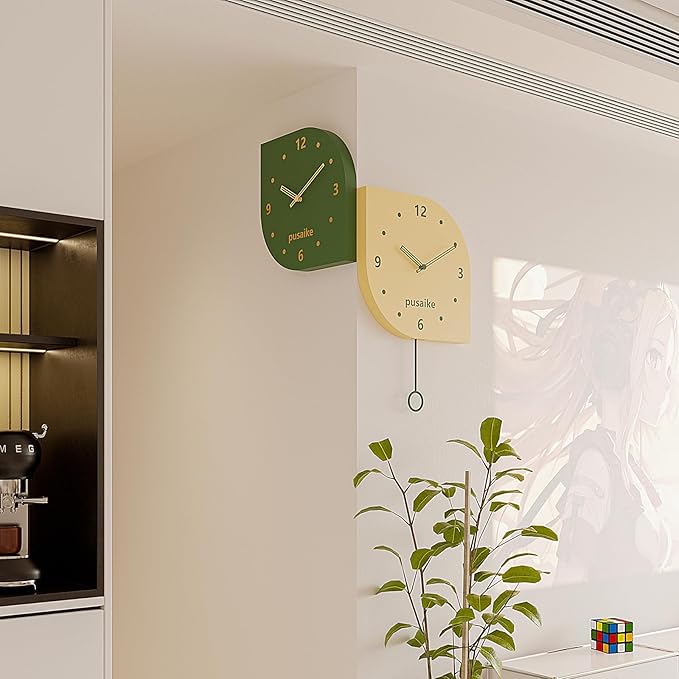 Cute Green Yellow Silent Corner Wall Clock Non Ticking for Living Room, 12 inch Mid Century Modern Decorative Double Sided Clock for Wall Battery Operated, Unique Metal Fancy Clock Wall Decor