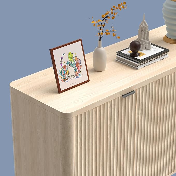 Buffet Cabinet, 63" Large Sideboard Buffet Cabinet with Storage, Modern Fluted Sideboard with 4 Doors, Wood Credenza Coffee Bar Storage Cabinet, for Living Room, Kitchen, Hallway, Oak