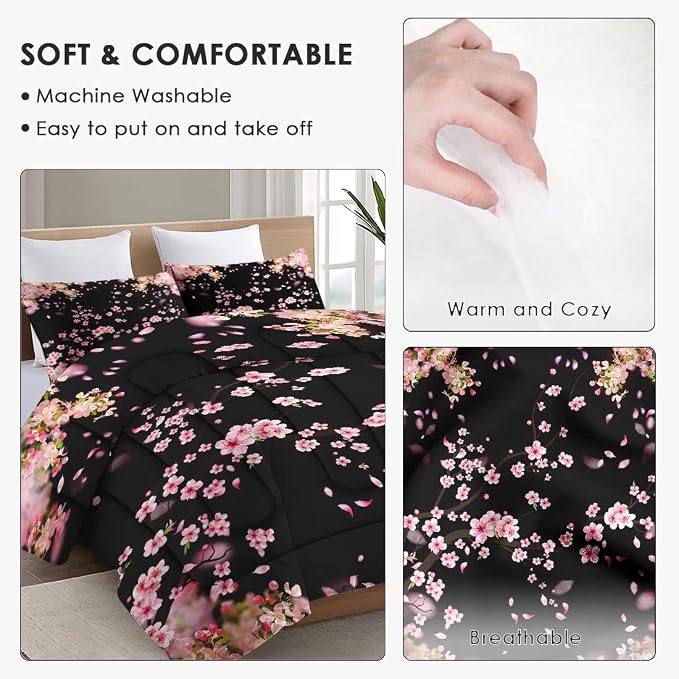 WeCozy Queen Size Comforter Set with 2 Pillowcases, Spring Pink Tree Cherry Soft 3 Pcs Bedding for Kids and Adults Bedroom Bed Decor